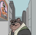 anthro biped black_nose city clothing detailed_background facial_hair kemono male mature_male mustache necktie outside overweight overweight_male poster shirt topwear towel towel_around_neck 00murice bear canid canine canis mammal wolf 2022