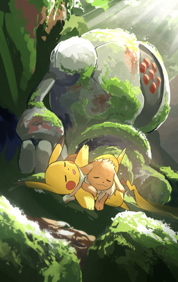 7_eyes ambiguous_gender brown_body brown_fur eyes_closed feral fur group lying_on_another metallic_body moss multi_eye open_mouth paws plant sleeping tail trio yellow_body hakkentai_pkdn nintendo pokemon pokemon_mystery_dungeon spike_chunsoft eevee generation_1_pokemon generation_3_pokemon legendary_pokemon pikachu pokemon_(species) registeel 2025 hi_res