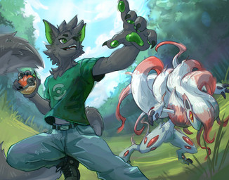 anthro clothed clothing duo forest forest_background fur green_ears green_eyes green_pawpads grey_body grey_fur hisuian_pokeball male male_anthro pawpads plant pokeball pokeball_clothing shirt t-shirt tail topwear tree veelafel nintendo pokemon spirit_shadow canid canine canis generation_8_pokemon hisuian_form hisuian_zoroark mammal pokemon_(species) regional_form_(pokemon) wolf