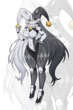5_fingers anthro big_breasts black_nose breasts cheek_tuft cybernetics eyebrows facial_tuft featureless_breasts female fingers grey_body grey_eyebrows grey_hair hair hair_between_eyes hand_on_hip long_hair looking_at_viewer machine navel nude sidelocks small_waist smile solo standing tail thick_thighs tuft yellow_eyes hestid cyborg dupin_(pal) absurd_res colored digital_drawing_(artwork) digital_media_(artwork) full-length_portrait hi_res portrait shaded