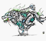 ambiguous_gender bodily_fluids bone burning colored_fire drooling feral fire flesh fur green_eyes green_fire green_tongue open_mouth quadruped running saliva simple_background skull solo tongue white_background wolfdawg canid canine canis mammal undead wolf zombie 2017 traditional_media_(artwork)