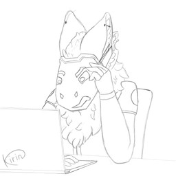 annoyed anthro computer electronics hand_on_face laptop machine male piercing solo lewdogen_kirin kirin_(character) protogen 1:1 absurd_res hi_res monochrome reaction_image