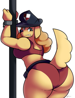 anthro bdsm belt big_butt black_nose bodily_fluids bondage bound bra breasts brown_hair butt clothed clothing cuff_(restraint) embarrassed female fur hair handcuffs hat headgear headwear metal_cuffs panties pole police police_uniform public public_exposure restraints shackles solo sports_bra sweat thick_thighs underwear uniform utility_belt wide_hips yellow_body yellow_fur digitalpelican amelia_steelheart canid canine canis domestic_dog mammal 2018 hi_res