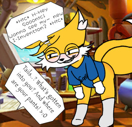 2_tails anthro blue_clothing blue_shirt blue_topwear bottomless clothed clothing drunk eyewear footwear fur glasses gloves grey_clothing grey_footwear grey_socks handwear male multi_tail offscreen_character shirt socks solo substance_intoxication tail topwear white_clothing white_gloves white_handwear yellow_body yellow_fur young mox_mouse naughty_astrii sega sonic_the_hedgehog_(series) miles_prower canid canine fox mammal