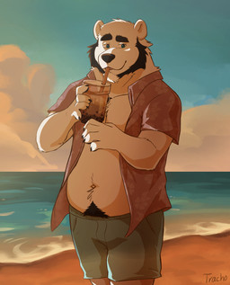 anthro beach beard beverage blue_eyes bubble_tea clothed clothing cloud eyebrows facial_hair holding_object male navel open_clothing open_shirt open_topwear raised_eyebrow sand shirt slightly_chubby solo sunset swimming_trunks swimwear topwear water tracho bear mammal polar_bear ursine absurd_res hi_res