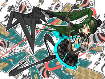abstract_background accessory black_bottomwear black_clothing black_skirt blue_bra blue_clothing blue_eyes blue_necktie blue_underwear bottomwear bra breasts clothing cosplay female floating green_hair hair long_arms long_hair looking_at_viewer machine mechanical_arm mechanical_leg medium_breasts necktie not_furry pleated_skirt polka_dots red_eyes shirtless skirt solo text twintails_(hairstyle) underwear deino_(artist) vocaloid yamaha_corporation calne_ca hatsune_miku nato-kun arthropod crustacean humanoid isopod malacostracan robot robot_humanoid 2009 3d_(artwork) 4:3 autodesk_3ds_max_(artwork) digital_media_(artwork) full-length_portrait japanese_text portrait