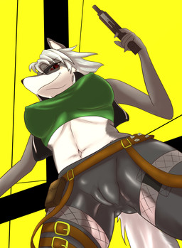 absurd_res anthro bottomwear breasts camel_toe canid canine canis clothed clothing digital_media_(artwork) eyewear female fur grey_body grey_fur grey_hair gun hair hi_res kemono low-angle_view mammal midriff nipples rainichi ranged_weapon red_eyes shirt shorts simple_background smile solo sunglasses topwear weapon white_body white_fur white_hair wolf worm's-eye_view yellow_background