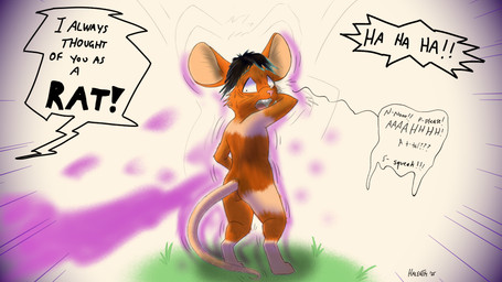 anthro fur growth magic male semi-anthro shaking shrinking size_transformation solo tail transformation trembling worried halentfs mammal mouse murid murine rodent 16:9 absurd_res hi_res widescreen