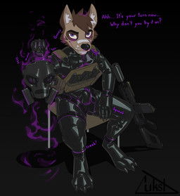 anthro black_bodysuit black_clothing black_latex black_skinsuit bodysuit brown_body brown_fur chair clothing combat_vest dialogue ear_tuft feet fur furniture gun head_tuft latex latex_bodysuit latex_clothing latex_skinsuit looking_at_viewer male multicolored_body multicolored_fur on_chair purple_gas purple_sclera ranged_weapon rifle silencer simple_background sitting sitting_on_chair skinsuit solo sound_effects talking_to_viewer tenting text tight_clothing tuft two_tone_body two_tone_fur weapon lukst karr_(lukst) canid canine canis domestic_dog mammal english_text hi_res