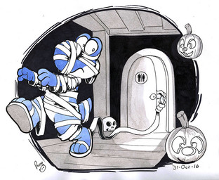 anthro blue_body door duo featureless_crotch food fruit inside logo male male_anthro mouth_closed mummy_wrappings plant pumpkin solo_focus walking white_body pandapaco mario_bros nintendo blue_yoshi yoshi 2016 artist_logo dated partially_colored signature