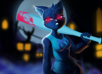anthro astral_projection baseball_bat bat_(object) blood blue_sclera bodily_fluids breasts building clothed clothing dream eyebrows fangs female fog full_moon half-closed_eyes lights logo moon narrowed_eyes nightmare null_symbol open_mouth pink_eyes plant red_eyes sharp_teeth shirt solo symbol teeth topwear tree tuft dclzexon night_in_the_woods mae_borowski domestic_cat felid feline felis mammal