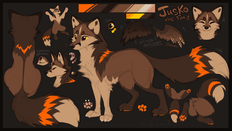 claws eyes_closed feathers feet feral front_view fur male pawpads paws simple_background smile solo standing tail toes wings magenta7 canid canine fox mammal 2026 digital_drawing_(artwork) digital_media_(artwork) hi_res model_sheet