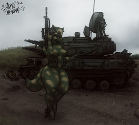 4_fingers anthro anti-air armored_vehicle assault_rifle autocannon bodypaint bodysuit breasts camo cannon clothed clothing collar ear_piercing face_paint female fingers footwear gun hair high_heels lips looking_at_viewer machine narrowed_eyes outside piercing radar_dish ranged_weapon rifle shoes skinsuit solo standing tank_(vehicle) thick_bottom_lip thick_thighs tight_clothing tracked_vehicle turret vehicle weapon wide_hips yellow_eyes sligarthetiger five_nights_at_freddy's five_nights_at_freddy's:_security_breach scottgames steel_wool_studios zsu-23-4_shilka roxanne_wolf animatronic canid canine canis mammal robot wolf 2022 digital_media_(artwork) signature