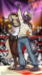 anthro award barefoot big_breasts blue_eyes blurred_background breasts claws clothed clothing copyright_symbol digitigrade duo feet female fighting_ring fur green_eyes hair male name_tag open_mouth plantigrade simple_background snake_hood sport standing symbol tail trophy winner spotty_the_cheetah shandi stripedfur canid canine canis cobra elapid_(snake) felid hybrid king_cobra mammal pantherine reptile scalie snake tiger wolf 2009 digital_media_(artwork) hi_res signature