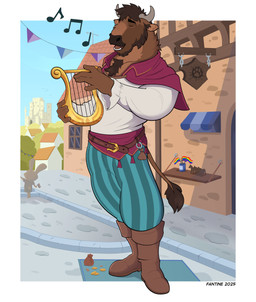 5_fingers anthro fingers lyre male medieval_clothing middle_aged musical_instrument plucked_string_instrument singing solo string_instrument fantine furaffinity zimb bison bovid bovine mammal absurd_res hi_res