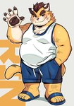 anthro blush bottomwear clothing countershading exposed_feet footwear humanoid_hands kemono male overweight overweight_male sandals shirt shoes shorts solo topwear bakedanooki felid mammal pantherine tiger 2022 absurd_res hi_res