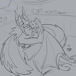 anthro bat_ears big_tail bite candle cuddling duo ear_bite ear_nibble eyes_closed fur hair hug hugging_another long_hair male membrane_(anatomy) membranous_wings plate skunk_tail tail teeth tuft using_wings wing_hug winged_arms wings topazknight daniil_(wiserodin) jeremy_(topazknight) bat mammal mephitid skunk 1:1 absurd_res digital_media_(artwork) hi_res sketch