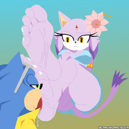 annoyed anthro barefoot bodily_fluids clothing duo eyewear feet female foot_fetish foot_lick foot_play footwear hat headgear headwear jacket licking looking_at_another male male/female sex soles sun_hat sunglasses tail toes tongue topwear yellow_clothing yellow_jacket_(clothing) yellow_topwear cardboardsoda sega sonic_the_hedgehog_(series) blaze_the_cat sonic_the_hedgehog eulipotyphlan felid feline hedgehog mammal 1:1