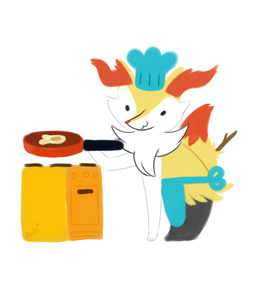 ambiguous_gender anthro appliance apron clothing cooking cosplay crossover_cosplay dipstick_tail hat headgear headwear markings simple_background solo stove tail tail_markings glacefrostbite facebook_stickers nintendo pokemon facebook_fox braixen generation_6_pokemon pokemon_(species) crossover hi_res