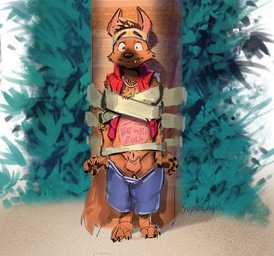 animal_genitalia anthro arms_tied balls belly_tattoo blush bottomwear bound clothing exposed eyebrows fully_sheathed genitals highlights_(coloring) humiliation jewelry male necklace nude_anthro pawpads plant raised_eyebrows sheath shocked shorts solo standing tattoo topwear tree vest wide_eyed supechips raww_(forgotten_island) canid canine mammal