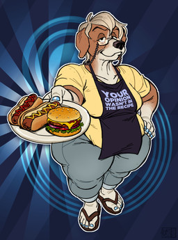 anthro apron burger clothing elderly elderly_anthro elderly_female eyewear female food glasses hand_on_hip hot_dog mature_anthro mature_female plate solo text text_on_apron text_on_clothing silverscarf bonnie_(silverscarf) canid canine canis domestic_dog mammal 2026
