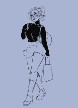 bag boots bottomwear clothing female footwear holding_object pointy_ears shoes skirt smile solo sweater tail topwear turtleneck rocatart mythology animal_humanoid dragon dragon_humanoid humanoid mythological_creature mythological_scalie scalie hi_res