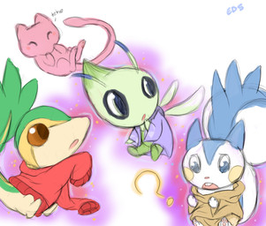 ambiguous_gender aura blue_body blue_fur clothed clothing eyes_closed feral fur green_body green_scales group insect_wings laugh open_mouth oversized_clothing partially_clothed pink_body pink_fur question_mark scales shrinking simple_background size_transformation tail transformation white_background white_body white_fur wings yellow_cheeks electrikestorm nintendo pokemon celebi generation_1_pokemon generation_2_pokemon generation_4_pokemon generation_5_pokemon legendary_pokemon mew_(pokemon) pachirisu pokemon_(species) snivy