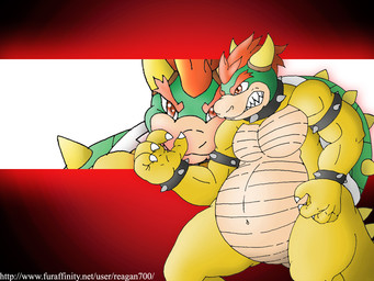 anthro armband belly big_belly bracelet claws clenched_teeth collar hair horn jewelry looking_at_viewer male mostly_nude navel nude overweight overweight_anthro overweight_male pecs sharp_teeth shell slightly_chubby slightly_chubby_anthro slightly_chubby_male solo spiked_armband spiked_bracelet spiked_collar spiked_shell spiked_tail spikes spikes_(anatomy) standing tail teeth text wide_crotch reagan700 mario_bros mythology nintendo bowser dragon koopa mythological_creature mythological_scalie scalie 2010 4:3 signature url wallpaper