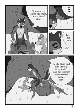 anthro bag bottomwear campfire cauldron clothing dialogue female forest headpat loincloth male malnourished melee_weapon plant scar sitting skewer sword text tree weapon lonelywolfy canid canine canis domestic_dog mammal wolf comic english_text hi_res monochrome