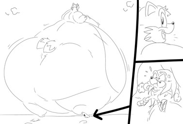 2_tails anthro belly big_belly big_butt boxing_gloves butt clothing dreadlocks duo footprint footwear gesture gloves handwear huge_belly huge_butt hyper hyper_belly hyper_butt looking_at_viewer looking_back looking_back_at_viewer male morbidly_obese morbidly_obese_anthro morbidly_obese_male multi_tail nude_anthro nude_male obese obese_anthro obese_male open_mouth open_smile overweight overweight_anthro overweight_male quills_(anatomy) shoes smile stepped_on stuck_to_foot tail waving waving_at_viewer wounded floofyboyetime sega sonic_the_hedgehog_(series) knuckles_the_echidna miles_prower canid canine echidna fox mammal monotreme hi_res monochrome