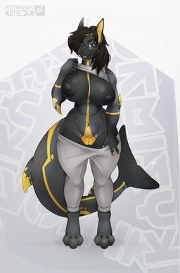 abs anthro areola athletic_wear big_breasts black_body blue_eyes breasts clothed clothing egyptian female front_view genitals gym markings muscular muscular_anthro muscular_female navel nipples non-mammal_breasts non-mammal_navel non-mammal_nipples presenting shark_fin shark_tail solo thick_thighs vulva wide_hips notmizuki tefnut_(shark) aquatic fish shark absurd_res hi_res herm_(lore)