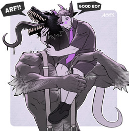 accessory anthro arm_tuft biped black_body black_bottomwear black_clothing black_footwear black_fur black_shirt black_shoes black_shorts black_tongue black_topwear bottomwear carrying_another claws clothing dialogue duo elbow_tuft eyeless finger_claws footwear fur good_boy grey_body grey_fur hand_on_neck heads_together heterochromia horn larger_male long_tongue male male/male multicolored_body multicolored_fur muscular muscular_anthro muscular_male necktie open_mouth sharp_teeth shirt shoes shorts shoulder_carry size_difference smaller_male smile speech_bubble suspenders teeth text tongue tongue_out topwear tuft white_body white_fur amon-sydonai creepypasta mythology smile.dog void_(amon-sydonai) canid canine canis dragon mammal mythological_creature mythological_scalie scalie wolf 2025 digital_media_(artwork) english_text hi_res