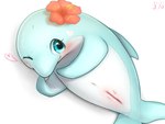 4:3 animal_genitalia animal_pussy blowhole blue_body blue_eyes blush bodily_fluids cetacean cetacean_genitalia cetacean_pussy chibi depth_of_field dolphin female feral flower_accessory genital_fluids genitals heart_(marking) heart_symbol hi_res k-dra61 mammal mammary_slits marine markings multicolored_body navel one_eye_closed pussy simple_background smile solo toothed_whale two_tone_body vaginal_fluids white_background white_body wink