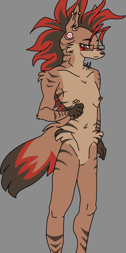 anthro brown_body brown_fur claws ear_piercing eye_markings eyebrows eyelashes eyewear fur glasses grey_background hair humanoid_hands industrial_piercing male markings navel nipple_piercing nipples pawpads piercing pink_triangle red_body red_fur red_hair red_markings red_pawpads simple_background solo striped_body striped_fur striped_markings stripes symbolism wearing_glasses yellow_eyes rhapsody_tenrai evani aardwolf hyena mammal 2025 aliasing binary_drawing digital_drawing_(artwork) digital_media_(artwork) hi_res signature nonbinary_(lore)