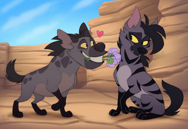 black_hair black_nose day duo eye_contact fangs female feral flower flower_in_mouth fur hair heart_symbol looking_at_another male male/female markings mouth_hold on_model outside plant purple_flower snout spots spotted_body spotted_fur striped_body striped_fur stripes tail teeth yellow_eyes mimi-fox disney the_lion_guard the_lion_king chungu aardwolf hyena mammal spotted_hyena colored digital_drawing_(artwork) digital_media_(artwork) hi_res shaded