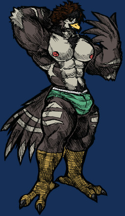 anthro beak big_chest big_muscles big_pecs body_hair bottomwear brown_eyes brown_hair claws clothed clothing feet grin hair jacket looking_at_viewer male muscular muscular_male nipples pantsless pecs smile solo speedo standing swimwear tail talons text toe_claws toes topless topwear underwear winged_arms wings jwbash accipitrid accipitriform avian bird eagle golden_eagle true_eagle absurd_res alpha_channel english_text hatching_(art) hi_res shaded