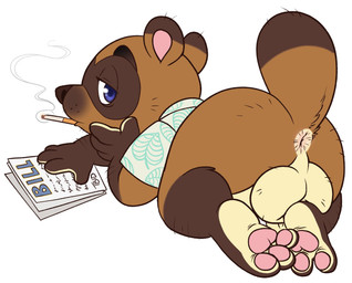 aloha_shirt anthro anus balls big_balls big_butt blue_eyes butt cigarette clothing genitals looking_back male pattern_clothing pattern_shirt pattern_topwear pawpads shirt smoking solo tail tail_anus topwear tbid animal_crossing nintendo tom_nook_(animal_crossing) canid canine mammal raccoon_dog tanuki hi_res