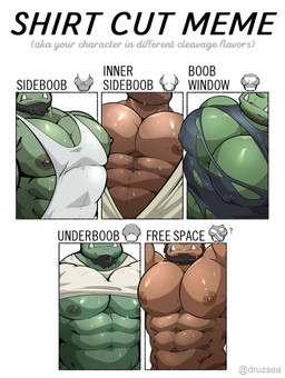 abs beard bodily_fluids brown_body cleavage_cutout clothed clothing cutout facial_hair goatee green_body group male moobs muscular muscular_humanoid muscular_male nipple_outline nipples pecs shirt sweat tank_top text topwear torn_clothing torn_topwear tusks maldu shirt_cut_meme humanoid mammal orc absurd_res digital_media_(artwork) english_text hi_res meme shaded
