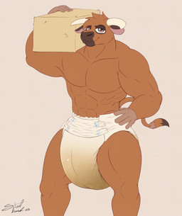anthro diaper feces hand_on_hip hay hay_bale male muscular muscular_anthro muscular_male pooping smile smiling_at_viewer soiled_diaper soiling soiling_diaper solo standing unclean_diaper used_diaper steelshark bovid bovine cattle mammal absurd_res hi_res