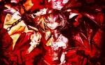 accessory arm_garter blonde_hair blood bodily_fluids chain clothed clothing dual_persona evil_grin female front_view garter hair looking_at_viewer nightmare_fuel not_furry rape_face red_eyes smile solo split_personality wings banpai_akira touhou flandre_scarlet remilia_scarlet hybrid undead vampire 16:10 digital_media_(artwork) half-length_portrait portrait red_theme widescreen sibling_(lore) sister_(lore) sisters_(lore)