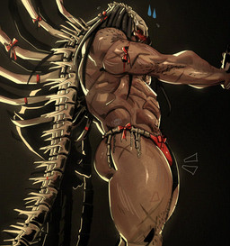 abs barazoku bone butt male mask muscular muscular_male not_furry red_eyes side_view simple_background skull skull_mask solo standing chris_sdd predator_(franchise) alien yautja hi_res