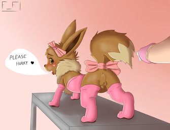 accessory all_fours anus backsack balls begging bestiality blush bodily_fluids bow_(feature) bow_accessory bow_ribbon butt clothed clothing crossdressing dialogue disembodied_penis drooling duo erection femboy feral flaccid fur furgonomics furniture genital_fluids genitals hair_accessory hair_bow hair_ribbon heart_symbol human_on_feral imminent_sex interspecies larger_male legwear looking_back male male/male male_on_feral on_table open_mouth penis pink_bow pokephilia precum presenting presenting_hindquarters raised_tail ribbons saliva sharp_teeth shota size_difference small_balls small_penis smaller_male solo_focus stockings table tail tail_accessory tail_bow tail_ribbon teeth text tongue tongue_out young young_feral flying_fox_(artist) nintendo pokemon canid canine eevee generation_1_pokemon human mammal pokemon_(species) 2014 english_text
