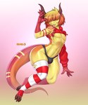 anthro bulge claws clothed clothing crossdressing femboy hair horn leg_markings looking_at_viewer male markings orange_hair smile socks_(marking) solo tail thong underwear wide_hips bell-bell_(artist) mythology mai_tai_(cstrawrun) dragon mythological_creature mythological_scalie scalie digital_media_(artwork) hi_res