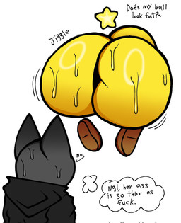 anthro big_butt bodily_fluids butt clothing duo female grey_body hoodie huge_butt hyper hyper_butt male onomatopoeia profanity question_mark sound_effects sweat sweaty_butt text thick_thighs thought_bubble topwear wide_hips yellow_body lucaslora mario_and_luigi_(series) mario_bros nintendo starlow mammal star_sprite english_text hi_res