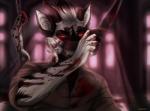 anthro blood blurred_background bodily_fluids clothed clothing gore knife red_eyes smile solo teeth entsk canid canine canis mammal wolf