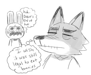 anthro chibi clothing duo elderly eyes_closed facial_hair humor male mature_anthro mature_male cubert animal_crossing nintendo dobie_(animal_crossing) gaston_(animal_crossing) canid canine canis lagomorph leporid mammal rabbit wolf monochrome