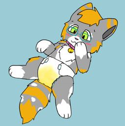 3_fingers 3_toes bell bell_collar blush blush_lines bodily_fluids collar diaper embarrassed feet feral fingers fur genital_fluids green_eyes grey_body grey_fur hand_on_face looking_down lying male on_back orange_body orange_fur paw_pose pink_nose pose simple_background solo toes unclean_diaper urine used_diaper wet_diaper white_body white_fur cookid slinky_(cookid) calico_cat domestic_cat felid feline felis mammal colored_sketch sketch