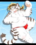 anthro asian_clothing belly blush bulge clothing detailed_bulge east_asian_clothing eyewear fundoshi fur genital_outline glasses humanoid_hands japanese_clothing kemono male moobs navel nipples overweight overweight_anthro overweight_male penis_outline solo underwear white_body white_fur rio_(artist) lifewonders tokyo_afterschool_summoners licho_(tas) felid mammal pantherine tiger 2021 4:5 hi_res