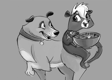 duo eye_contact female feral food looking_at_another soup three-quarter_view voice_actor_joke caeledonian hasbro littlest_pet_shop littlest_pet_shop_(2012) martha_speaks pbs martha_lorraine pepper_clark canid canine canis domestic_dog mammal mephitid skunk striped_skunk greyscale monochrome
