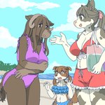 anthro beach big_breasts bikini bikini_drapes bikini_shorts blue_bikini blue_clothing blue_sky blue_swimwear breast_envy breasts brown_body brown_eyes brown_fur brown_nose cleavage clothed clothing cloud day female front-tie_bikini front-tie_clothing front-tie_swimwear fur group kemono midriff o-ring o-ring_bikini o-ring_bikini_top o-ring_swimwear outside purple_bikini purple_clothing purple_swimwear red_bikini red_clothing red_swimwear side-tie_bikini side-tie_clothing side-tie_swimwear sky string_bikini swimwear trio twintails_(hairstyle) two-piece_swimsuit white_body white_fur ekaki510 bovid bovine canid canine canis caprine cattle domestic_dog holstein_friesian_cattle mammal muskox 1:1